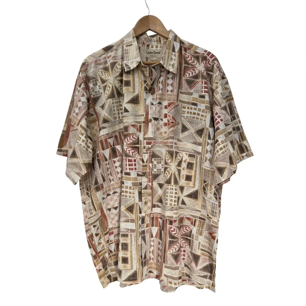 Cooke Street Honolulu Button Down Shirt Tribal Hawaiian Shirt Mens 2XL Tan Brown